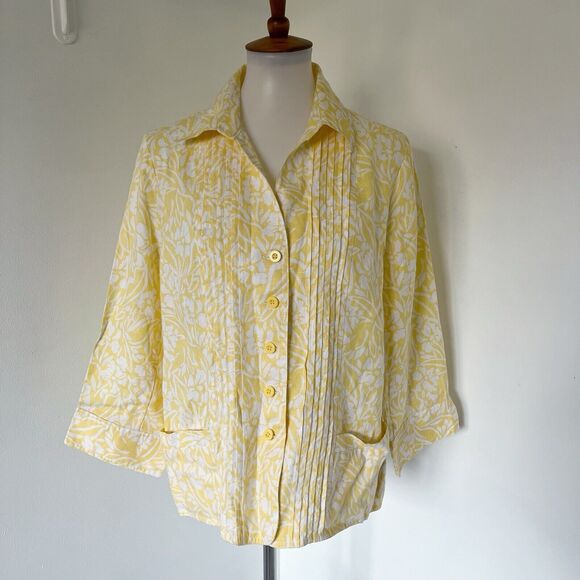 Kim Rogers Size PXL Petite XL Jacket Blazer Yellow Floral Linen 100% Linen - Picture 2 of 16